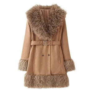 Faux Fur Trim Belted 3/4 Length Coat
