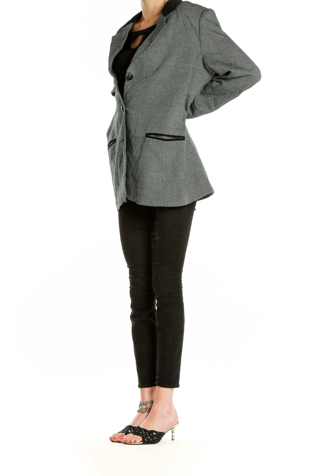 Gray Herringbone Blazer with Black Trim