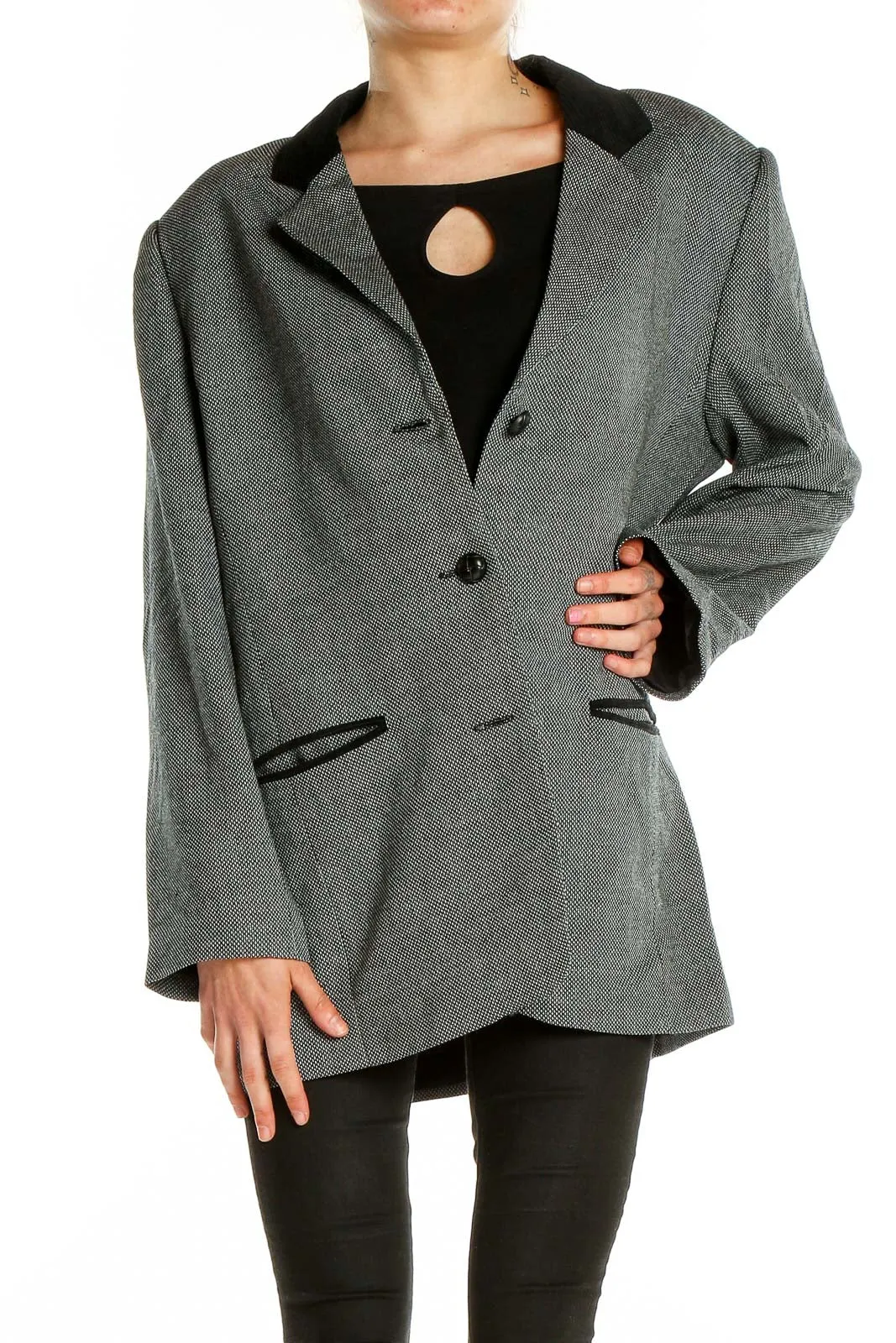 Gray Herringbone Blazer with Black Trim