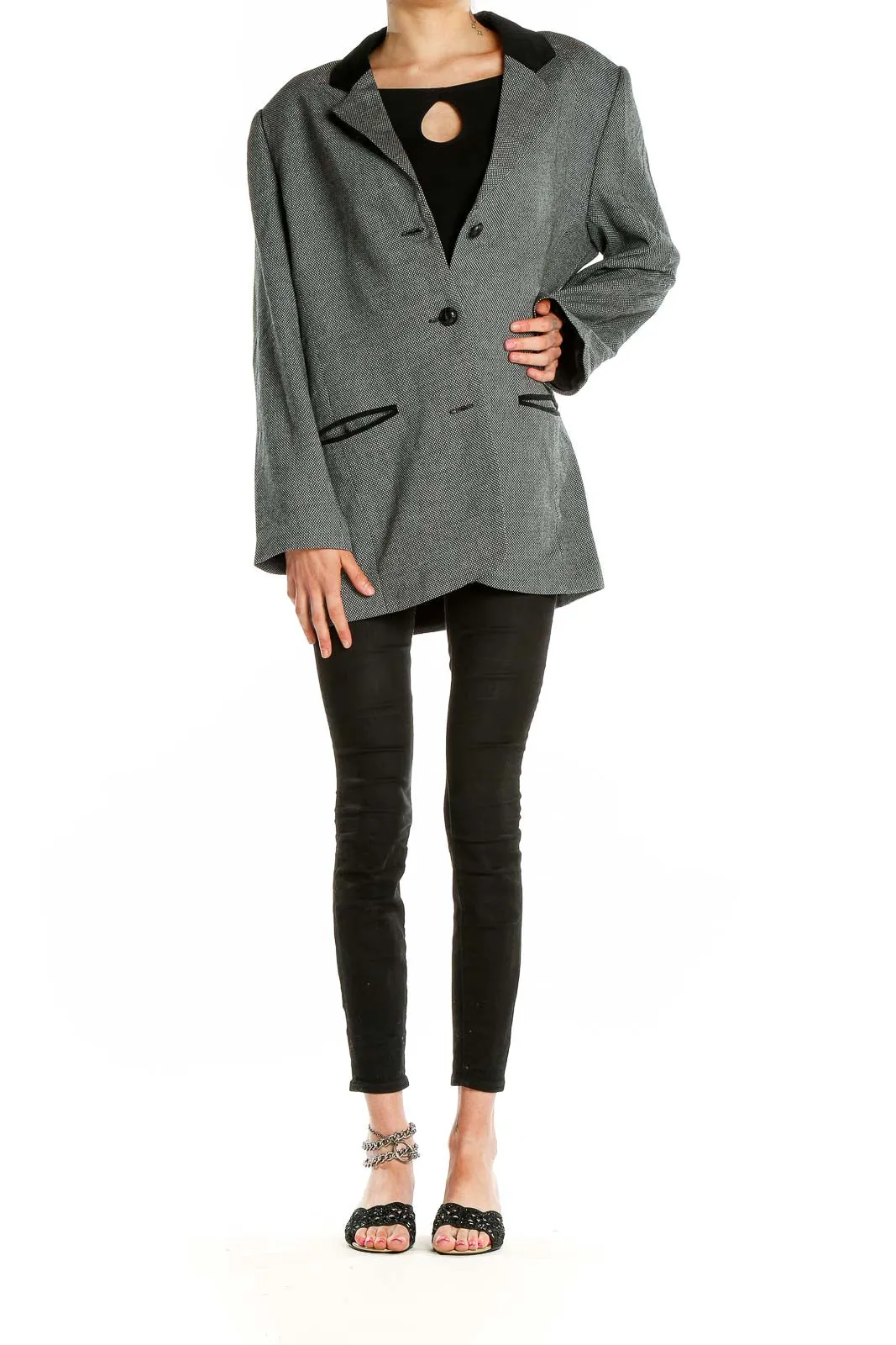 Gray Herringbone Blazer with Black Trim