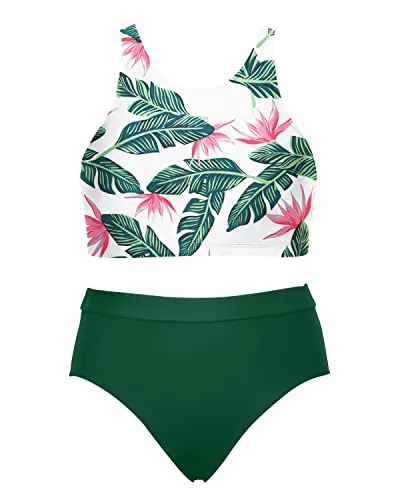 High Waisted Sporty Bikini Set 2 Piece Bathing Suits For Teen Girls-Green Tropical Floral