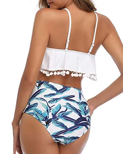 High Waisted Two Piece Swimsuit Ruffle Detail Ruffle Swimsuit For Women-White Leaf