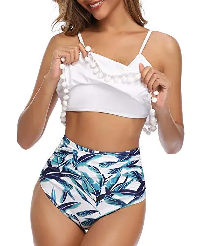 High Waisted Two Piece Swimsuit Ruffle Detail Ruffle Swimsuit For Women-White Leaf