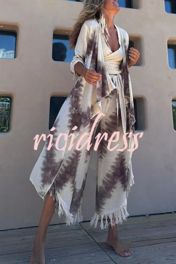 Kailani Linen Blend Tie-dye Print Irregular Hem Duster Kimono