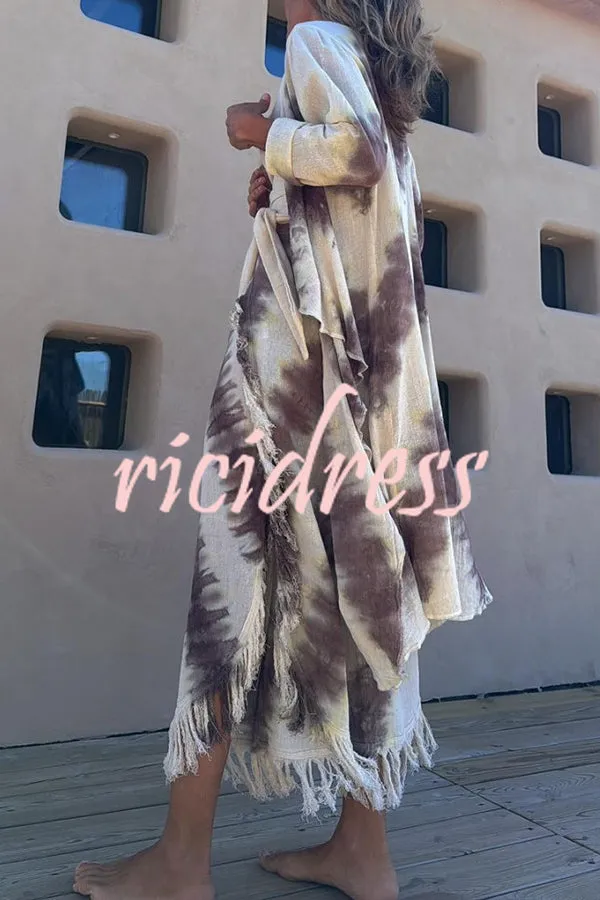 Kailani Linen Blend Tie-dye Print Irregular Hem Duster Kimono