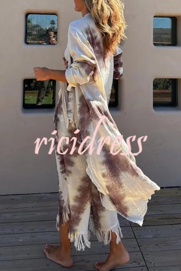 Kailani Linen Blend Tie-dye Print Irregular Hem Duster Kimono