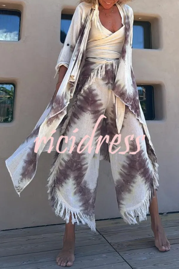 Kailani Linen Blend Tie-dye Print Irregular Hem Duster Kimono