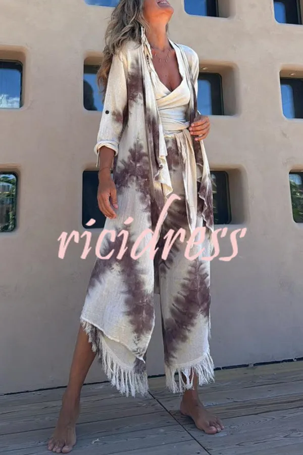 Kailani Linen Blend Tie-dye Print Irregular Hem Duster Kimono