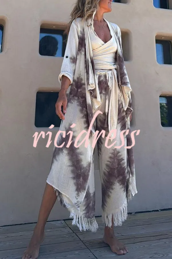Kailani Linen Blend Tie-dye Print Irregular Hem Duster Kimono