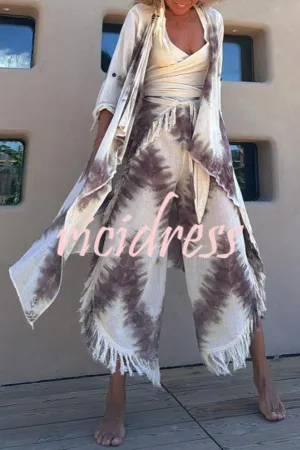 Kailani Linen Blend Tie-dye Print Irregular Hem Duster Kimono