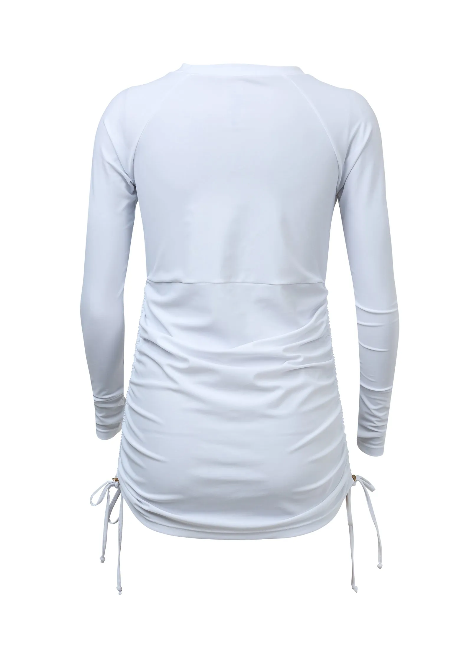 Ladies White Ruched LS Swim Dress