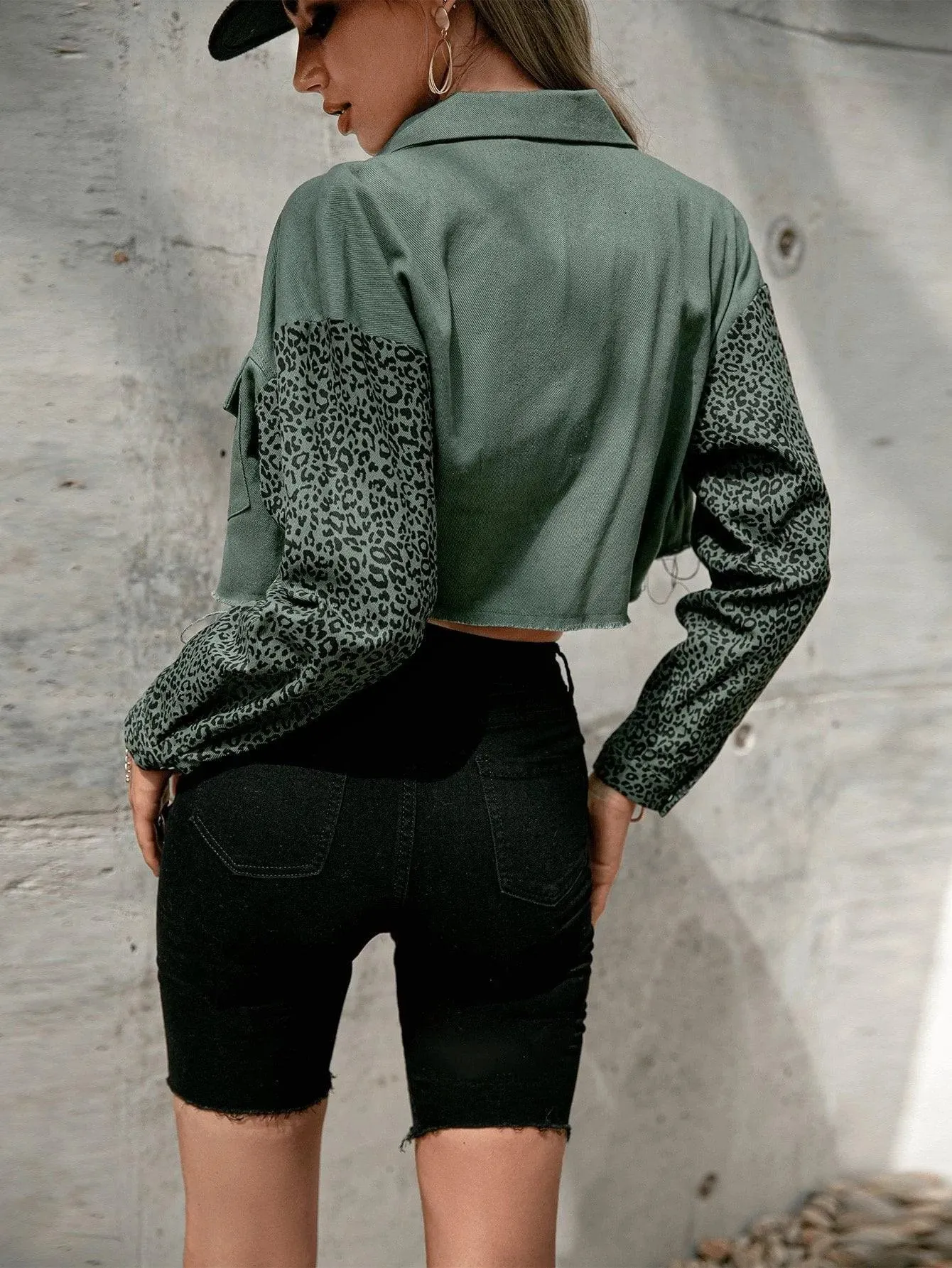Leopard Print Drop Shoulder Raw Trim Crop Jacket