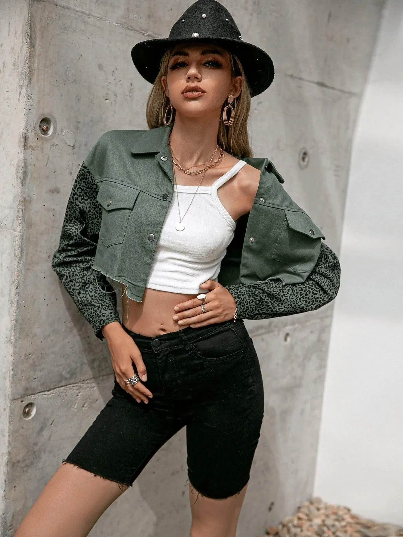 Leopard Print Drop Shoulder Raw Trim Crop Jacket