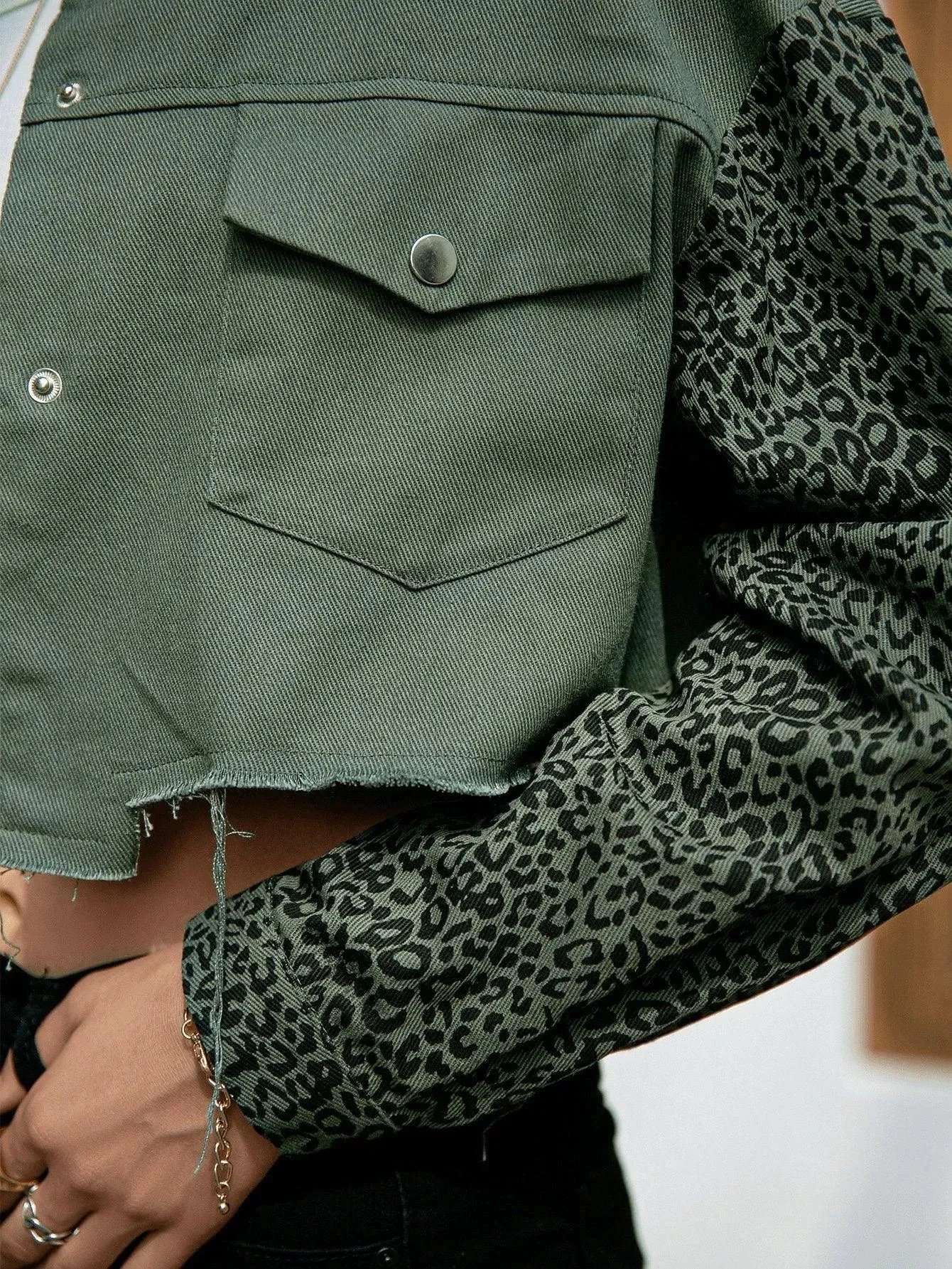 Leopard Print Drop Shoulder Raw Trim Crop Jacket
