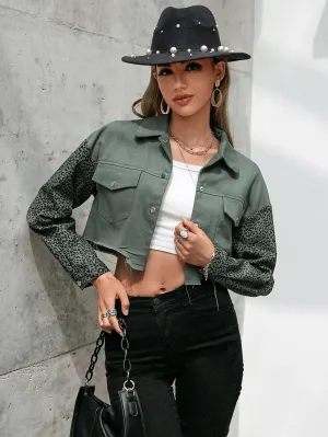 Leopard Print Drop Shoulder Raw Trim Crop Jacket