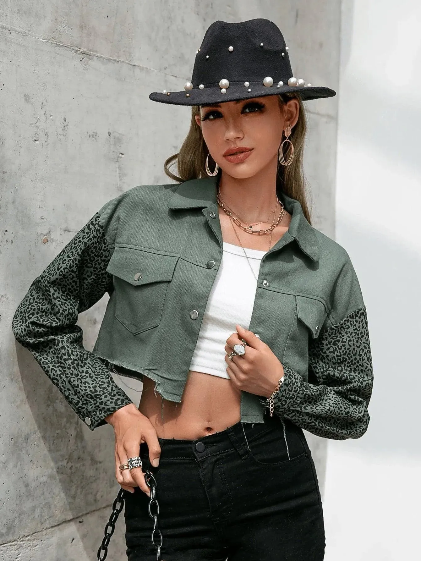 Leopard Print Drop Shoulder Raw Trim Crop Jacket