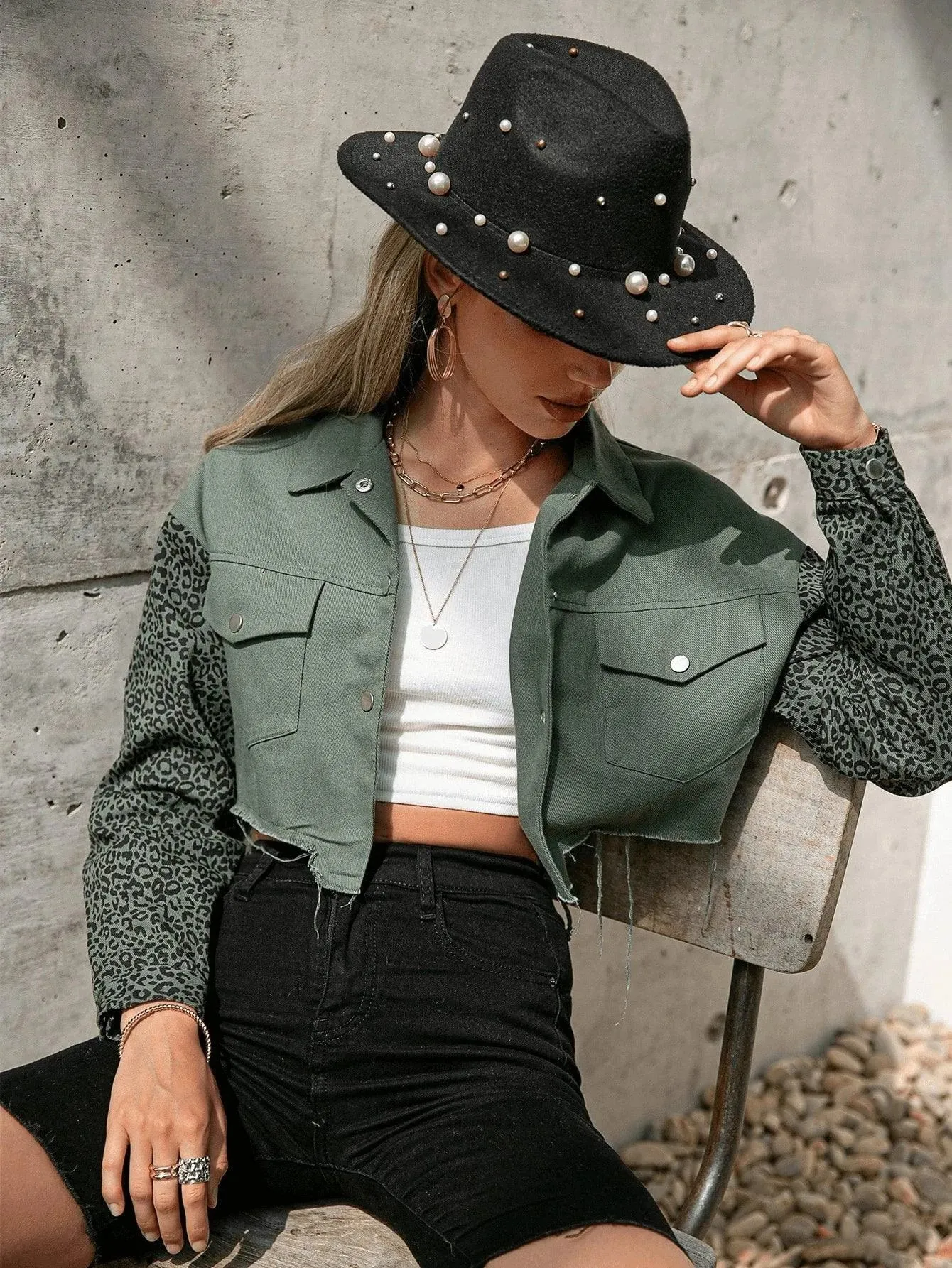 Leopard Print Drop Shoulder Raw Trim Crop Jacket