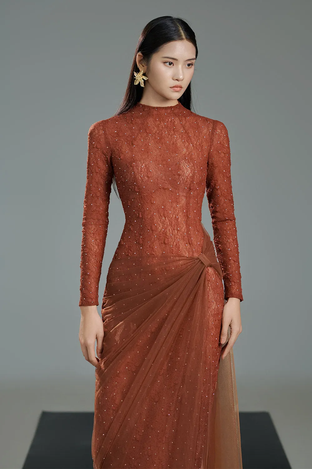 Lylah Sheath Mock Neck Polyester Ankle Length Dress