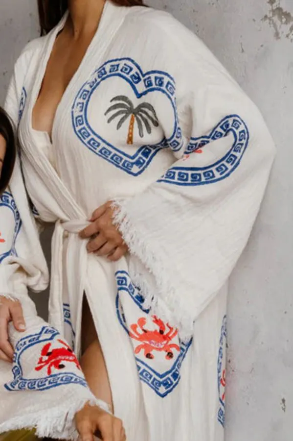 Maia Linen Blend Unique Print Belt Swimwear / Lounge Cover-up Robe