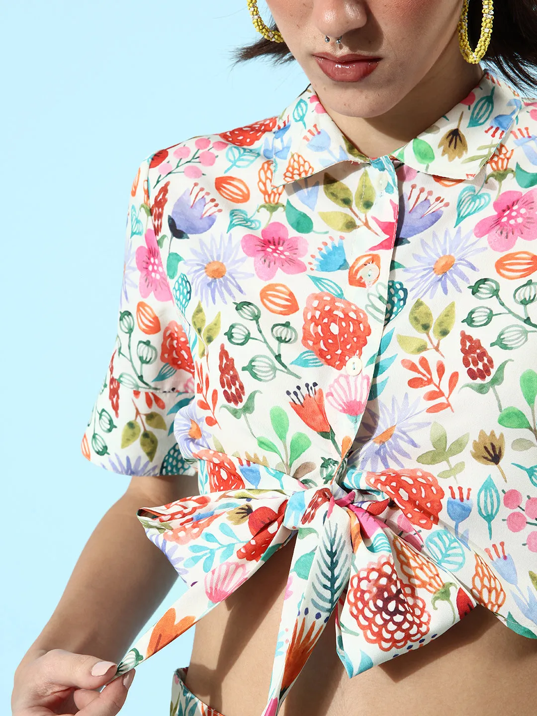 Multicolor Polyester Floral Top And Shorts