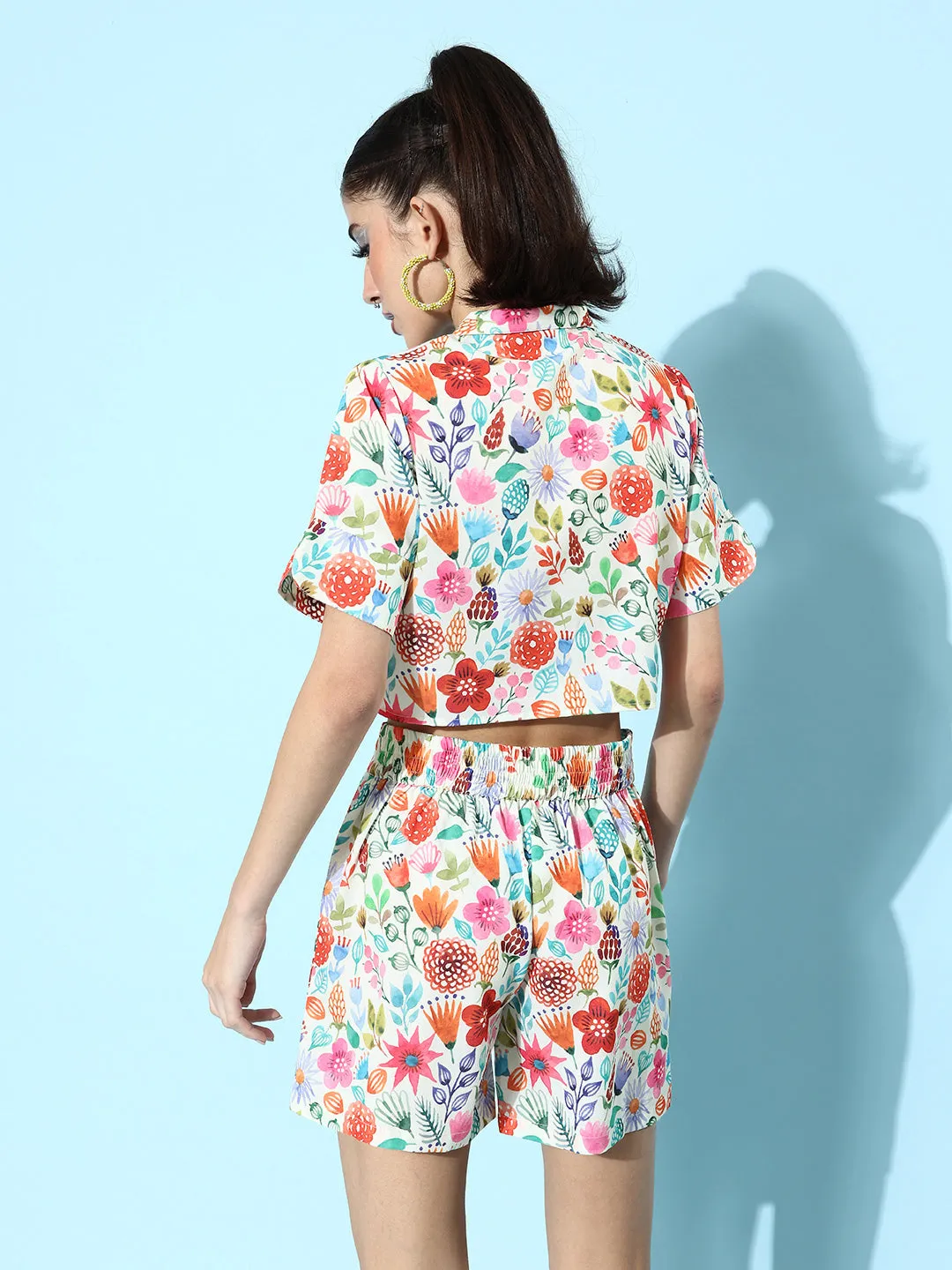 Multicolor Polyester Floral Top And Shorts