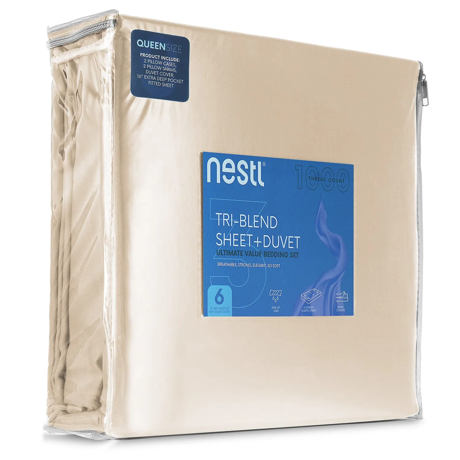 Nestl Bedding Duvet Cover 6-Piece Set - 1000 Thread Count Sheets - Tri Blend Cotton Duvet Cover with Zipper, Deep Pocket Fitted Sheet, 2 Cooling Pillow Cases, 2 Pillow Shams