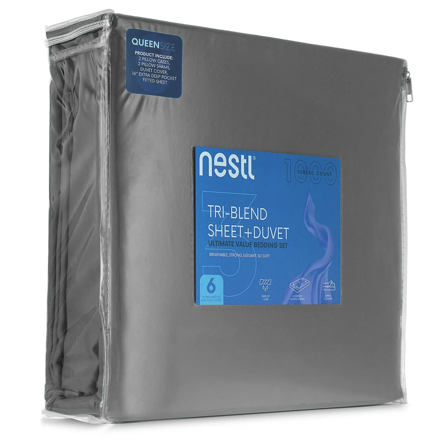 Nestl Bedding Duvet Cover 6-Piece Set - 1000 Thread Count Sheets - Tri Blend Cotton Duvet Cover with Zipper, Deep Pocket Fitted Sheet, 2 Cooling Pillow Cases, 2 Pillow Shams