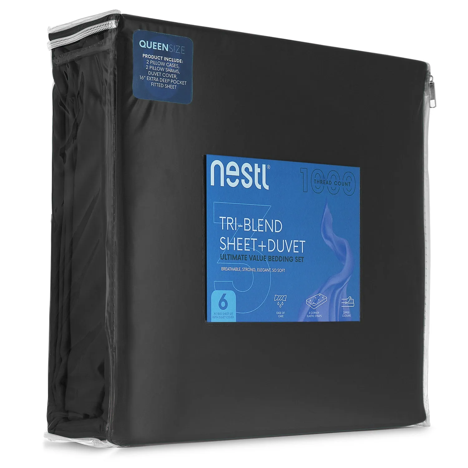 Nestl Bedding Duvet Cover 6-Piece Set - 1000 Thread Count Sheets - Tri Blend Cotton Duvet Cover with Zipper, Deep Pocket Fitted Sheet, 2 Cooling Pillow Cases, 2 Pillow Shams