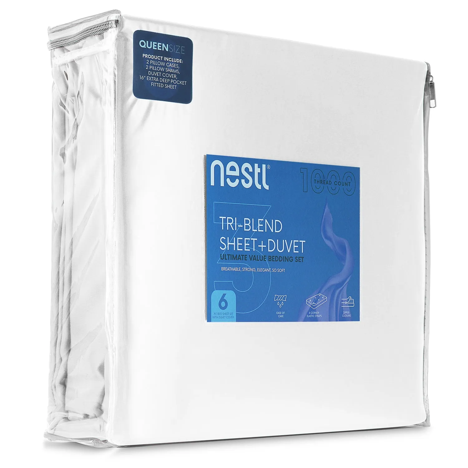 Nestl Bedding Duvet Cover 6-Piece Set - 1000 Thread Count Sheets - Tri Blend Cotton Duvet Cover with Zipper, Deep Pocket Fitted Sheet, 2 Cooling Pillow Cases, 2 Pillow Shams