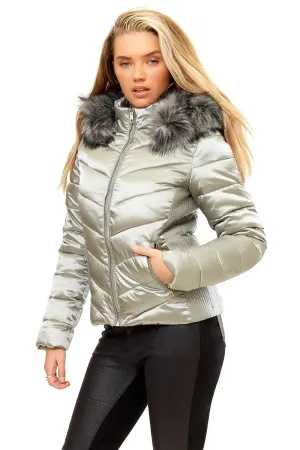 Noella - Silver Grey Faux Fur Trim Puffa Jacket