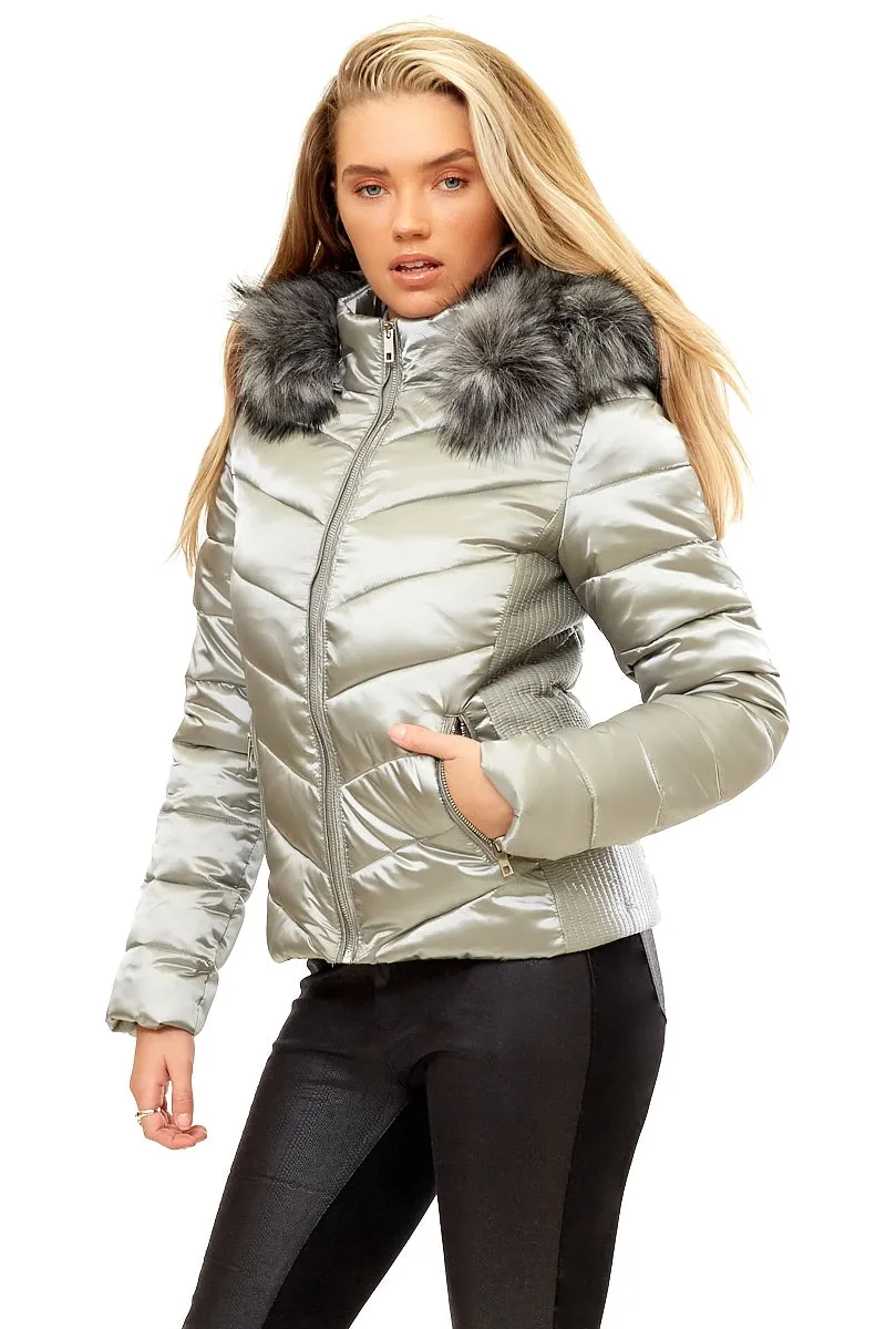 Noella - Silver Grey Faux Fur Trim Puffa Jacket