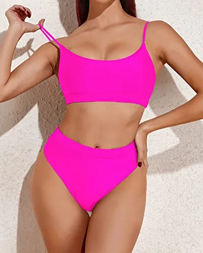 Padded Push Up Bras High Waisted Bikini Sporty Scoop Neck Swimsuits-Neon Pink
