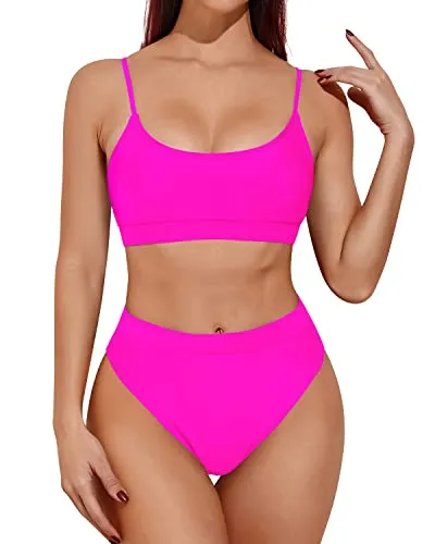 Padded Push Up Bras High Waisted Bikini Sporty Scoop Neck Swimsuits-Neon Pink
