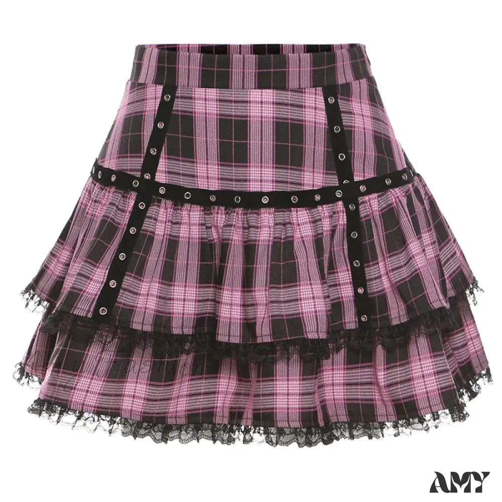 Plaid Skirt Pleated Japanese Cake Lolita Purple Pink Gothic Harajuku