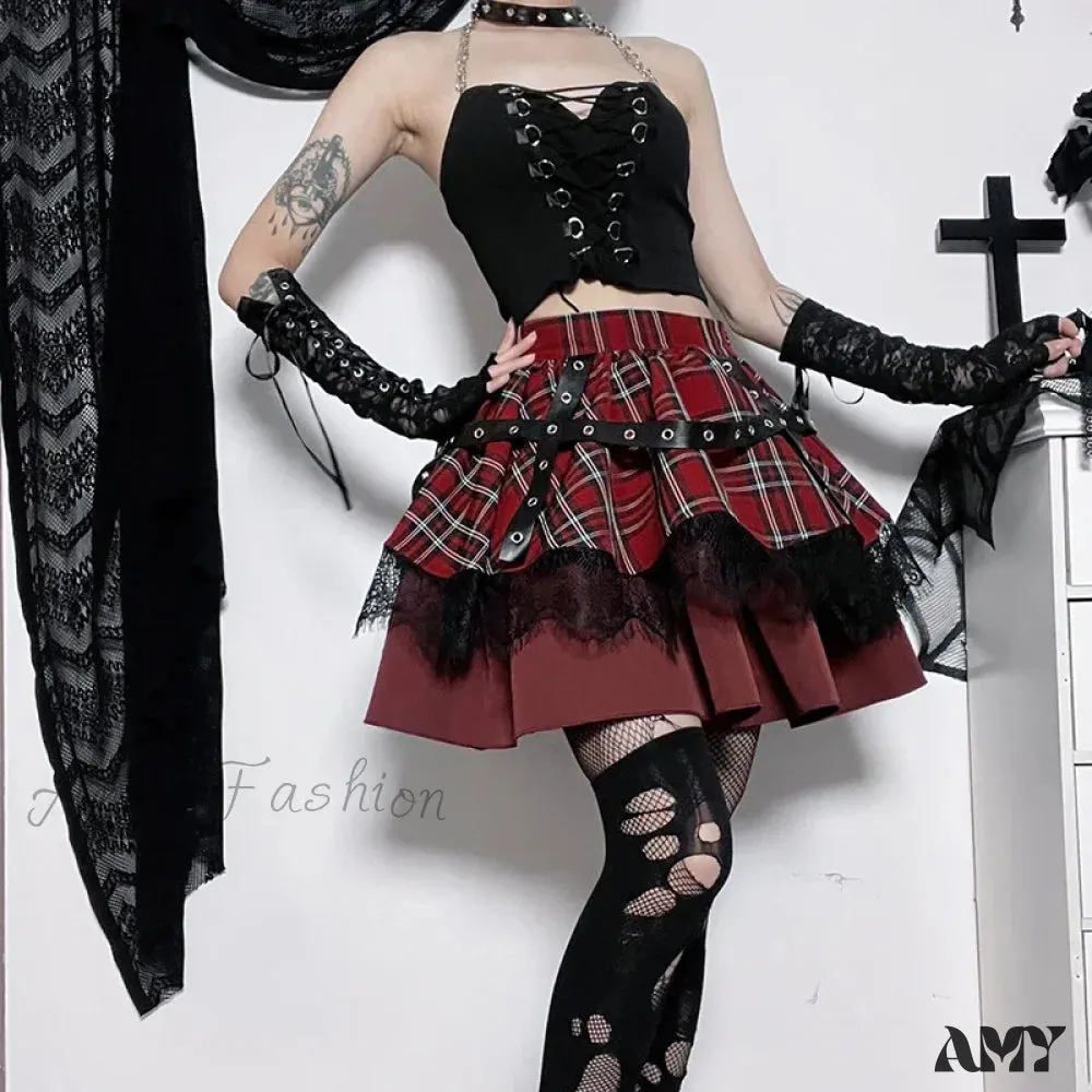 Pleated Gothic Cake Sweet Y2k Plaid Lace Skirt Girls Mini Harajuku Lolita Kawaii