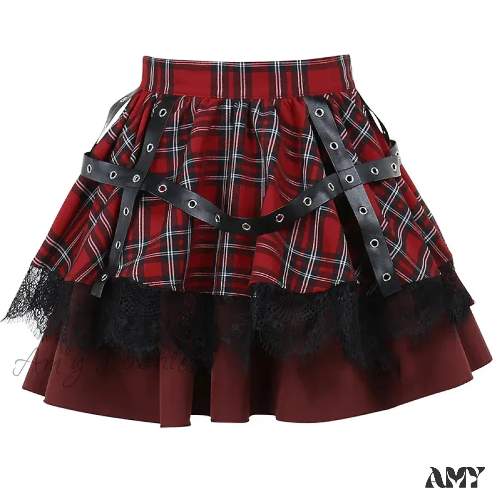 Pleated Gothic Cake Sweet Y2k Plaid Lace Skirt Girls Mini Harajuku Lolita Kawaii