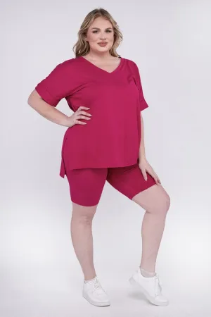 Plus Brushed DTY Microfiber V-Neck Top & Biker Shorts Set