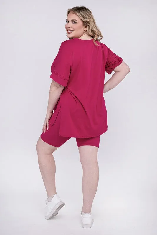 Plus Brushed DTY Microfiber V-Neck Top & Biker Shorts Set