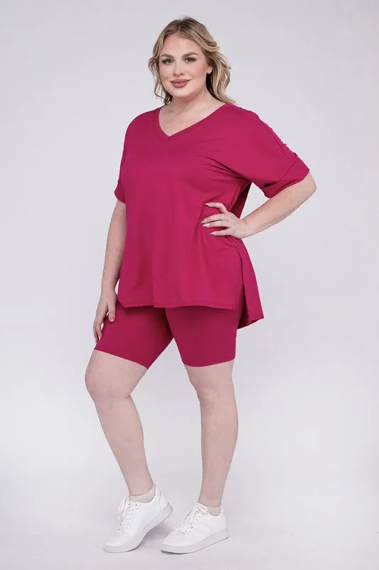 Plus Brushed DTY Microfiber V-Neck Top & Biker Shorts Set