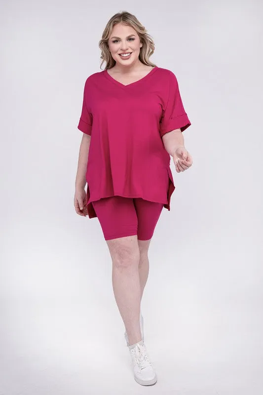 Plus Brushed DTY Microfiber V-Neck Top & Biker Shorts Set