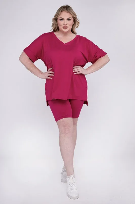 Plus Brushed DTY Microfiber V-Neck Top & Biker Shorts Set