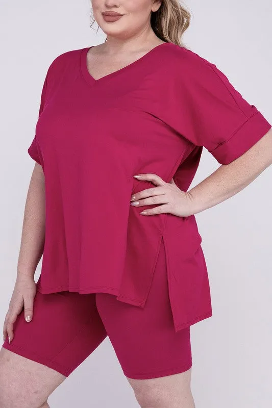 Plus Brushed DTY Microfiber V-Neck Top & Biker Shorts Set