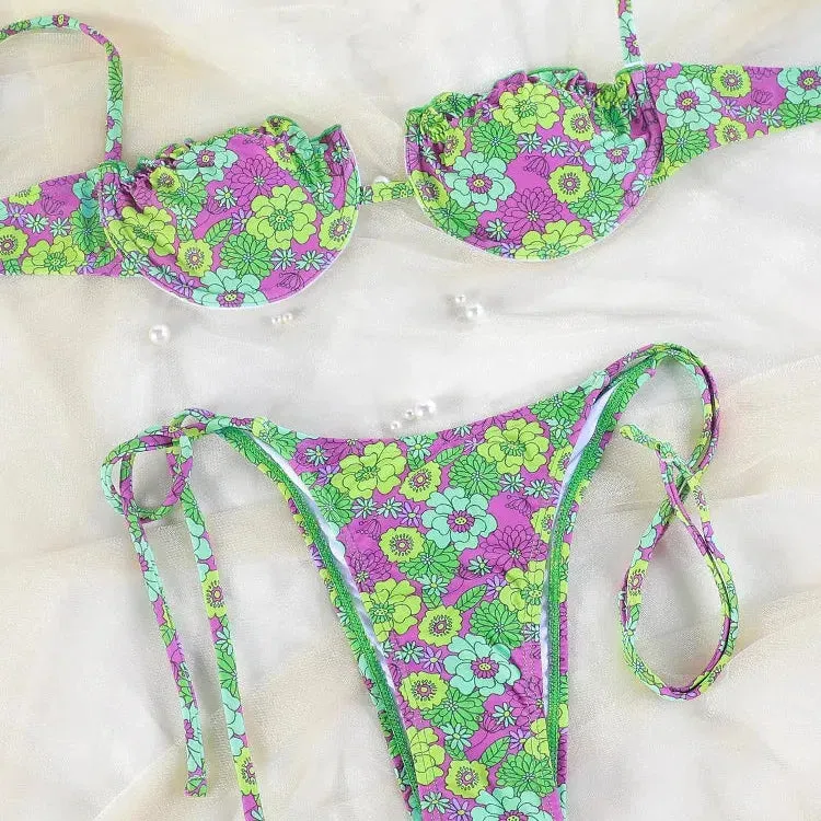 Push Up Bikini Sets String Swimwear Women Floral Print Bikinis