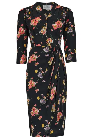 "Mabel" 3/4 Length Sleeve Waterfall Dress in Black Mayflower Print, A Classic 1940s Inspired Vintage Style