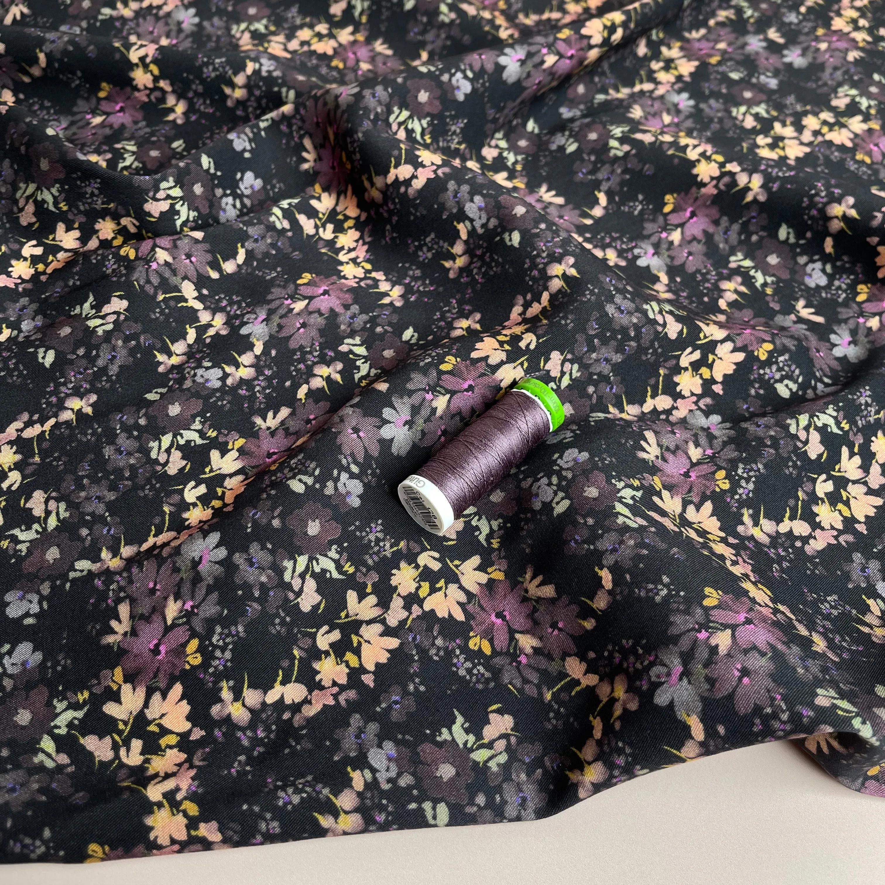 REMNANT 0.63 Metre - Rosella Watercolour Flowers on Black Stretch Viscose Twill Fabric