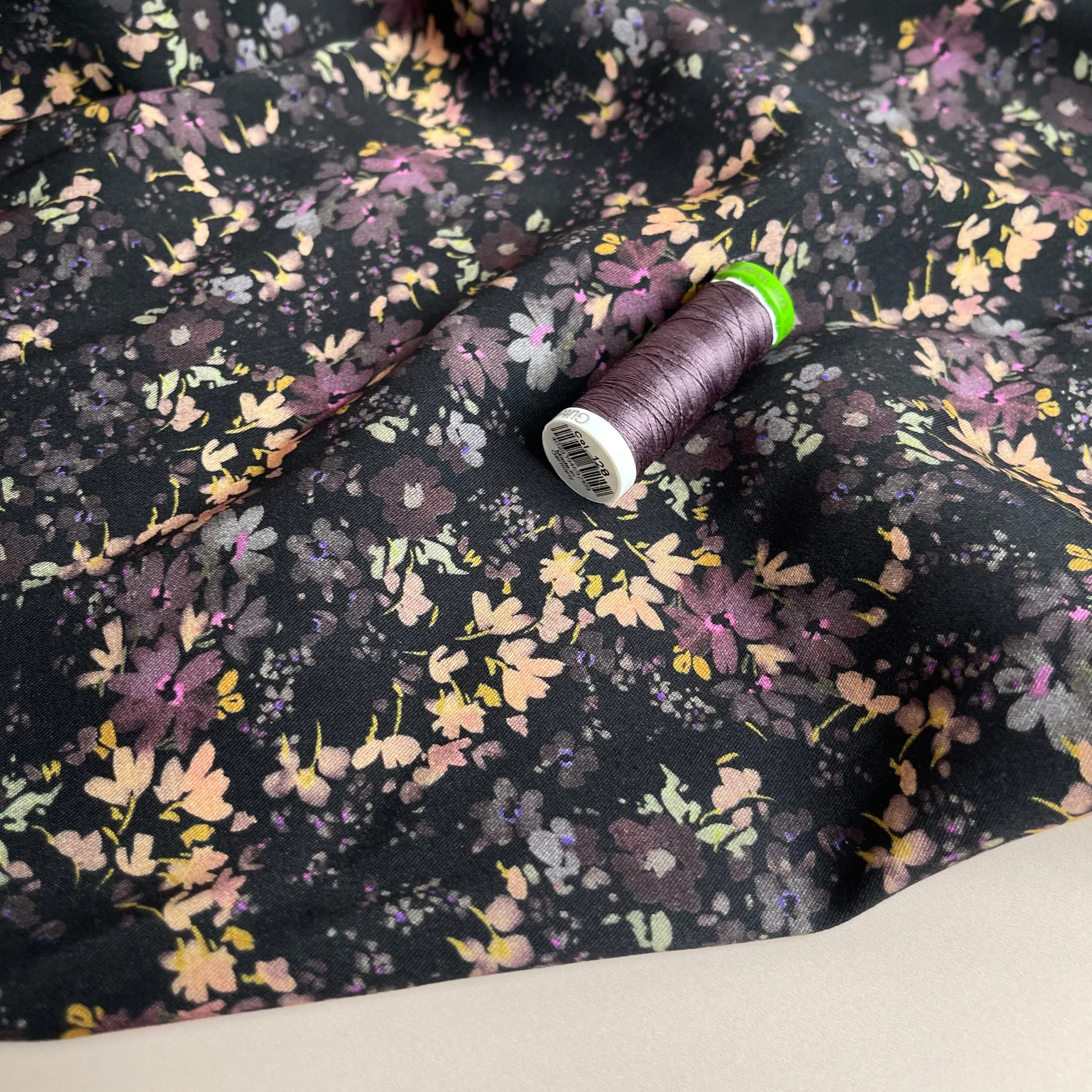 REMNANT 0.63 Metre - Rosella Watercolour Flowers on Black Stretch Viscose Twill Fabric