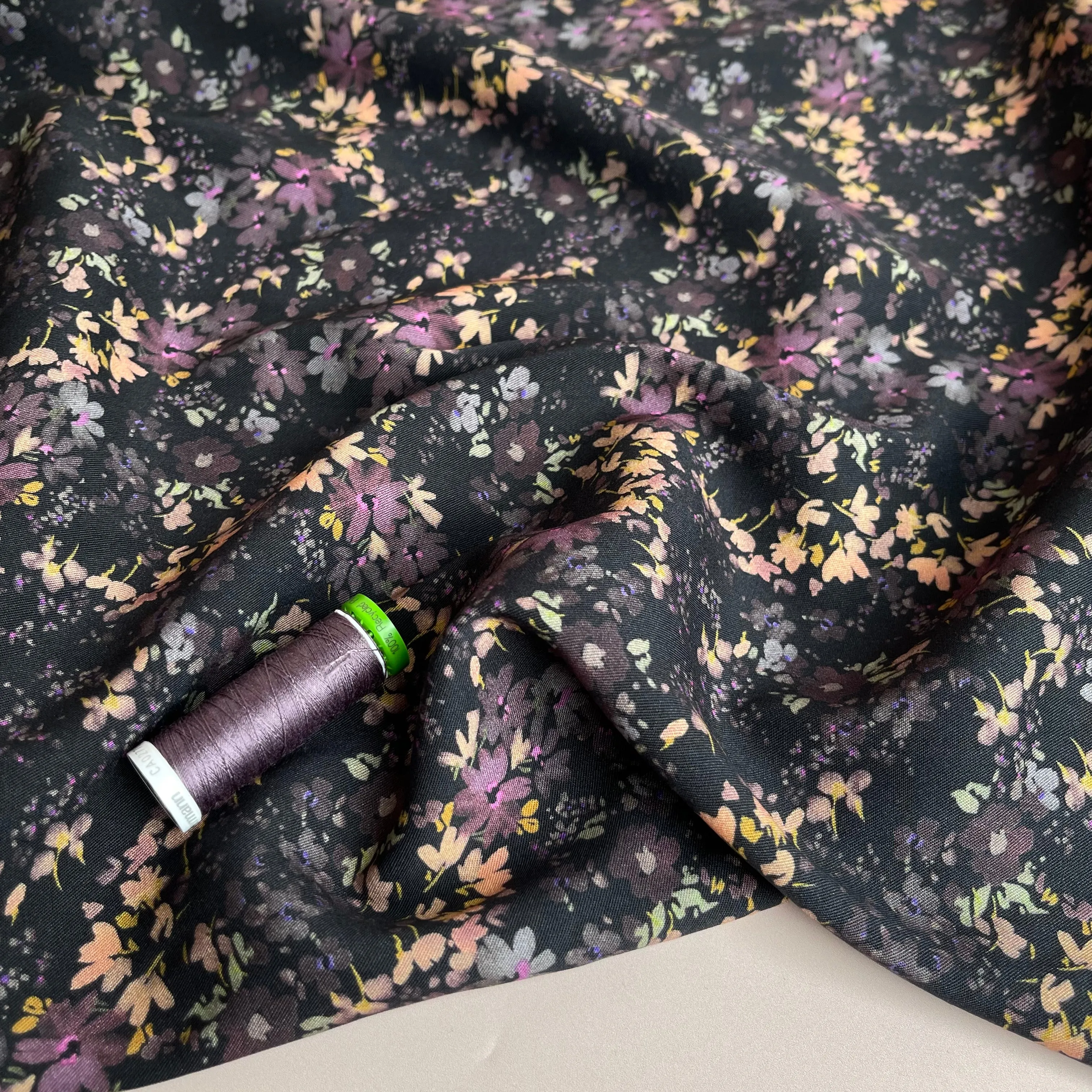 REMNANT 0.63 Metre - Rosella Watercolour Flowers on Black Stretch Viscose Twill Fabric