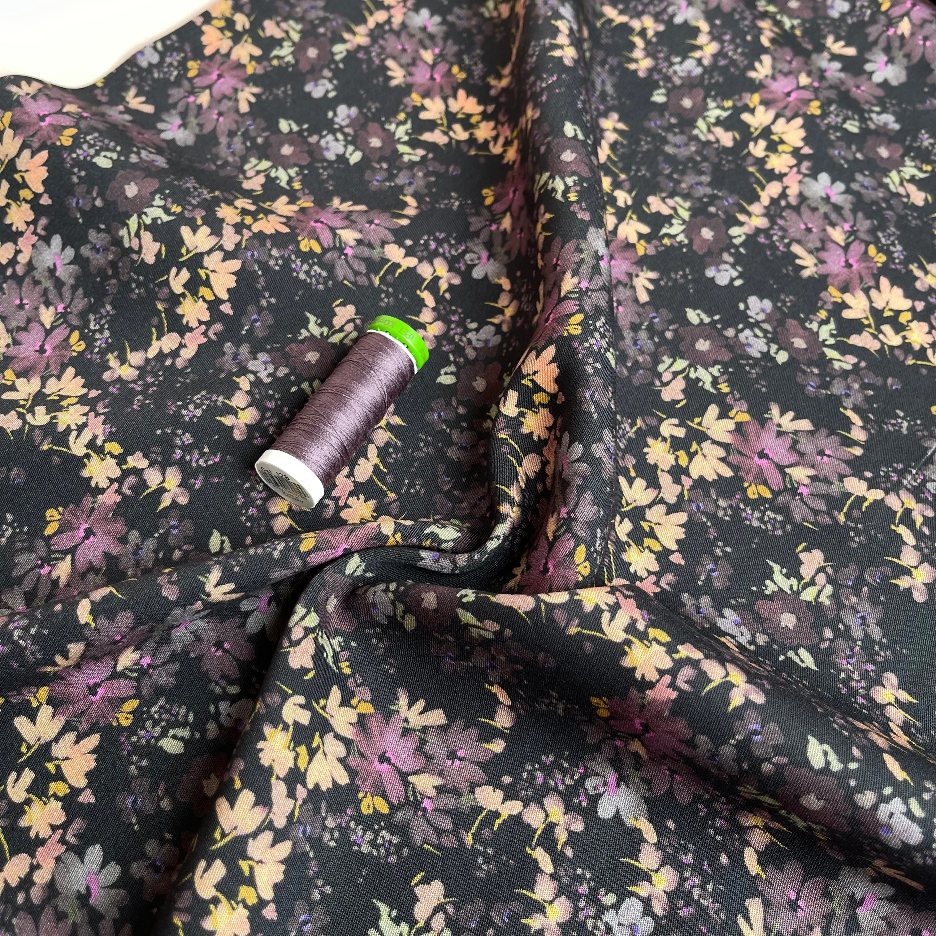 REMNANT 0.63 Metre - Rosella Watercolour Flowers on Black Stretch Viscose Twill Fabric