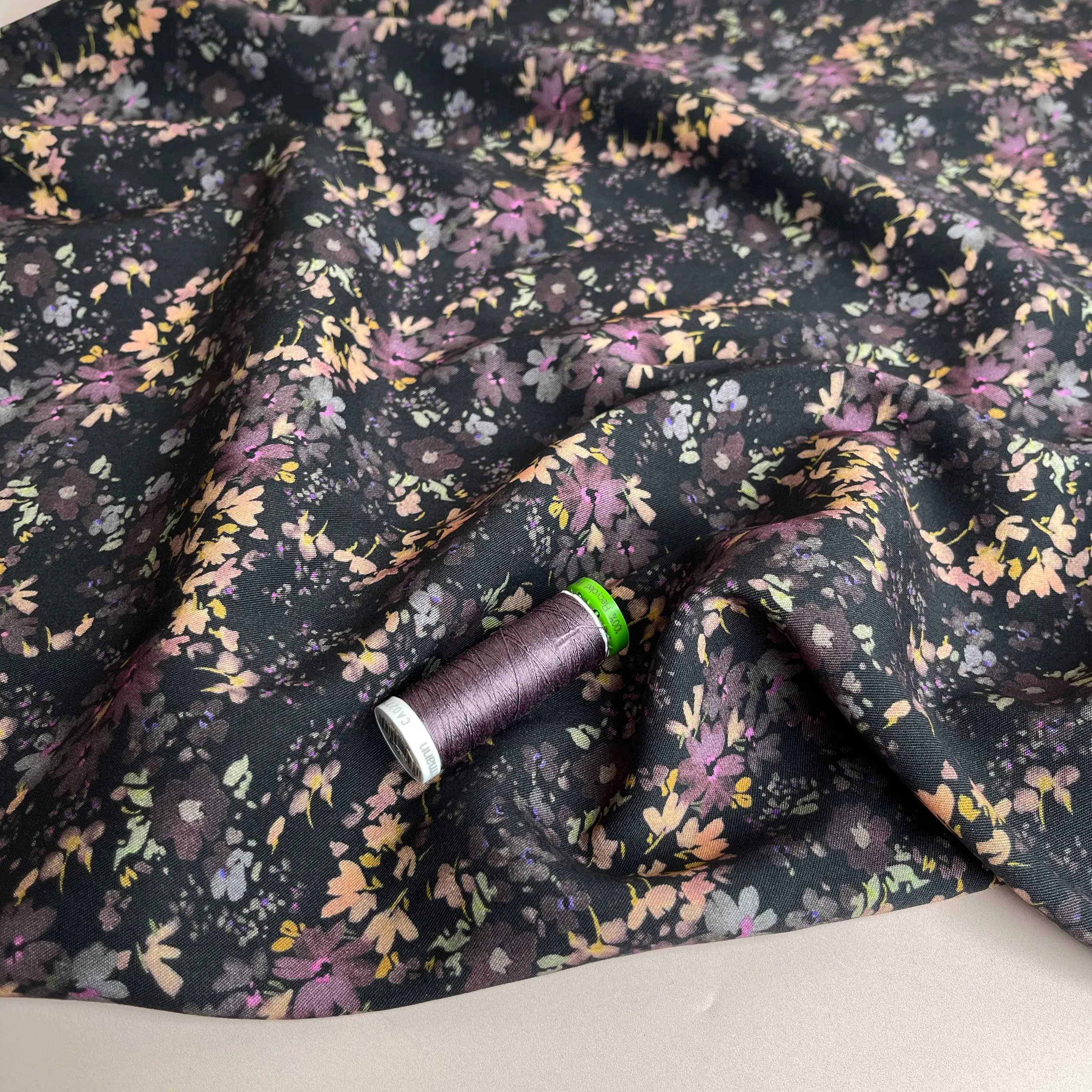 REMNANT 0.63 Metre - Rosella Watercolour Flowers on Black Stretch Viscose Twill Fabric
