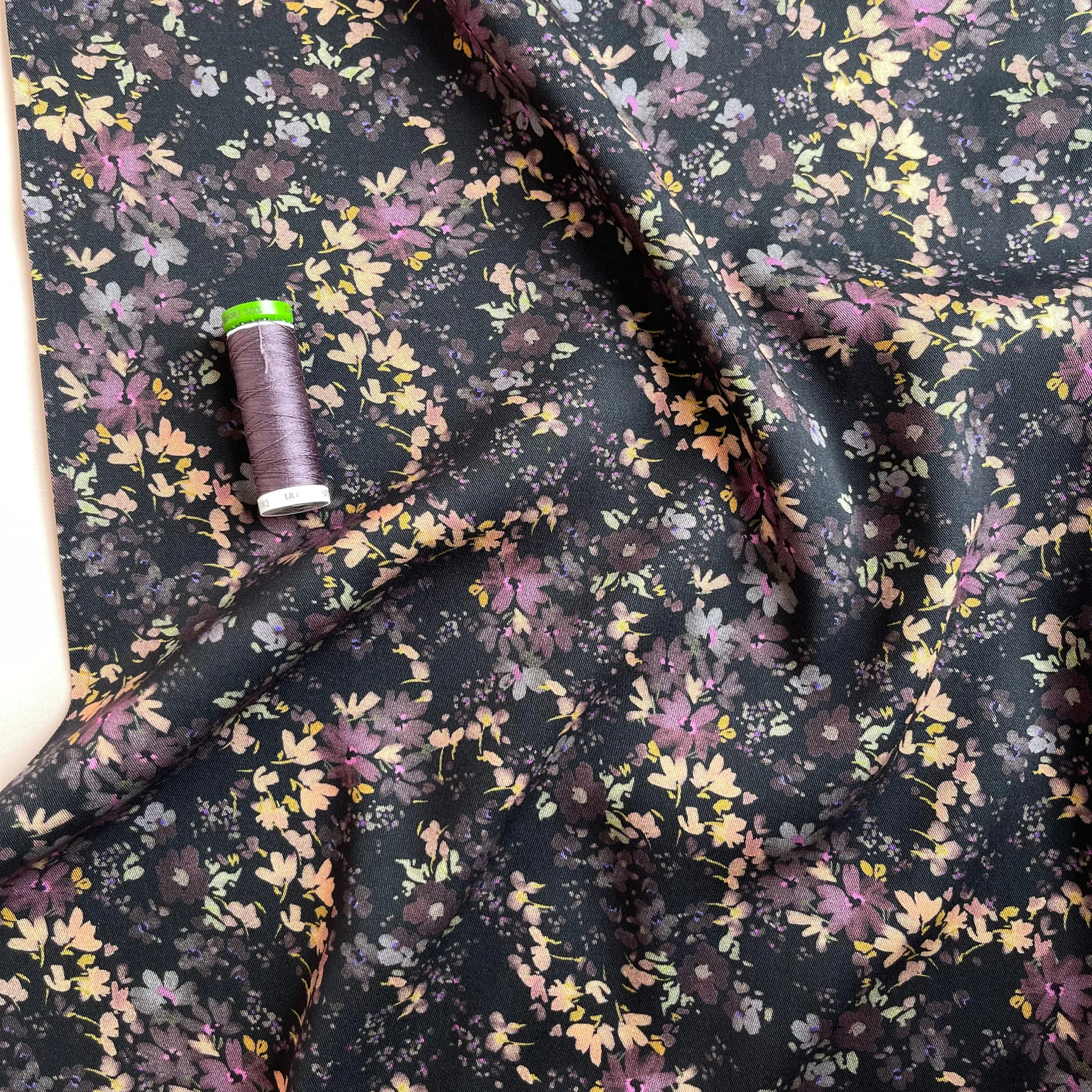 REMNANT 0.63 Metre - Rosella Watercolour Flowers on Black Stretch Viscose Twill Fabric